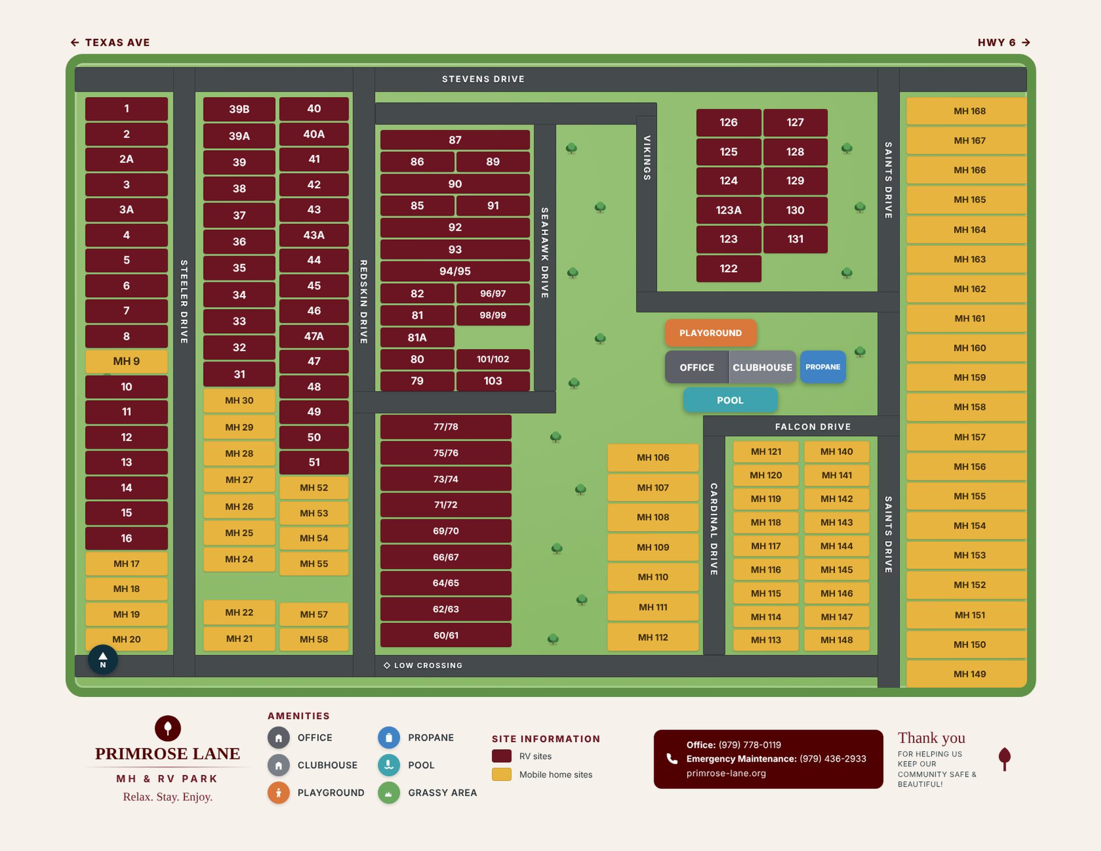 Map of Primrose Lane RV Park showing site layout and amenities